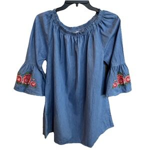 Southern Stitch Embroidered Florals Roses Denim Large